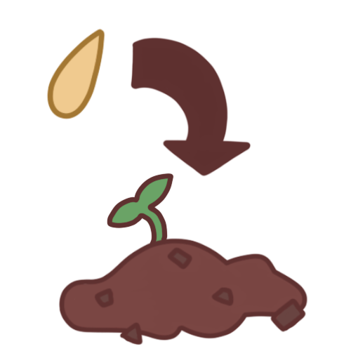An arrow pointing from a yellow seed to a patch of dirt with a sprout coming out of it.